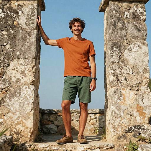 Photograph of a smiling young man with curly brown hair, wearing an orange t-shirt, green shorts, and brown shoes, standing in a weathered