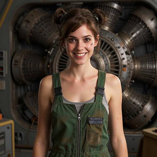 Photograph of a smiling young woman with brown hair in pigtails, wearing a green military-style vest, standing in front of large, circular,