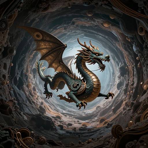 Digital fantasy artwork of a fierce, blue and gold dragon with horns and wings, soaring through a swirling, cosmic vortex filled with swirling clouds and glowing orbs
