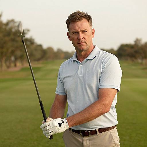 Photograph of a middle-aged white man with short brown hair, wearing a light blue polo shirt and beige pants, holding a golf club on a green