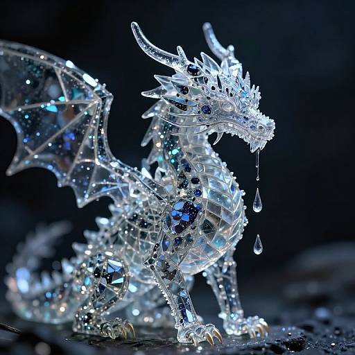 Photograph of a glowing, crystal dragon sculpture with intricate details, blue and white lights, and water droplets hanging from its mouth, set against a