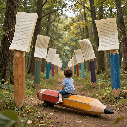 Photograph of a curly-haired child in blue shirt, sitting on a giant colored pencil, reading wooden plaque-laden trees in forest.