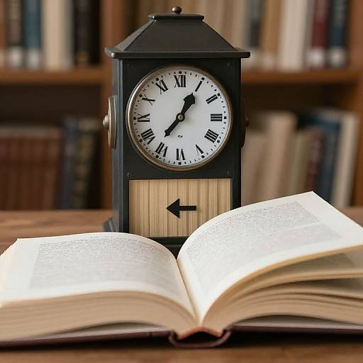 Photograph of an antique black clock with a white face and Roman numerals, standing on a wooden table beside an open book. Blurred bookshelf