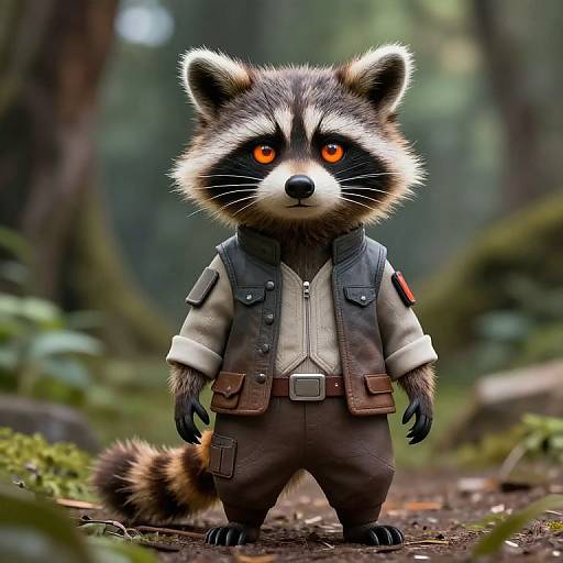 Digital artwork of a cute, anthropomorphic raccoon with bright orange eyes, wearing a gray vest and brown pants, standing in a forest.
