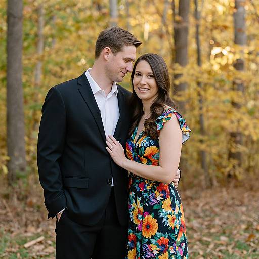 Photograph of a smiling couple standing in a forest during autumn, with the man in a black suit and white shirt, and the woman in a colorful