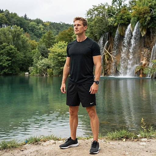 Photograph of a muscular, light-skinned man in black athletic wear standing by a serene waterfall lake, surrounded by lush greenery.