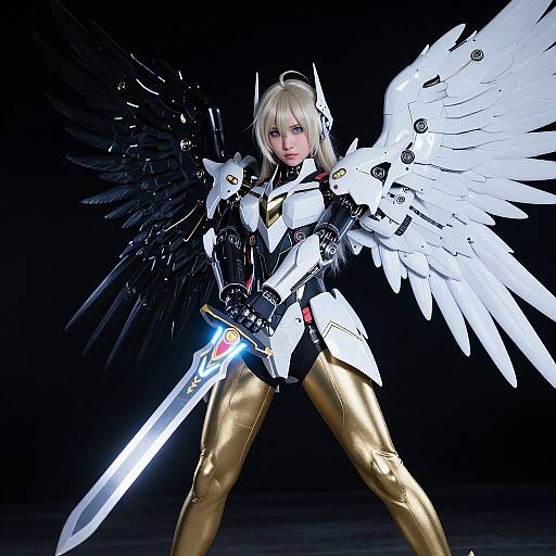 Digital art of a blonde, blue-eyed, armored angel with white and black wings, gold leggings, and glowing sword, standing against a black background.