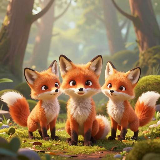 Digital CGI of three adorable, fluffy orange fox kits with white underbellies and bushy tails, standing in a sunlit forest clearing.