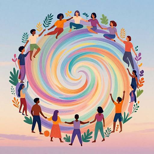 Digital illustration of diverse children holding hands around a colorful, swirling rainbow, against a gradient sky, symbolizing unity and harmony.