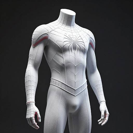 3D-rendered headless mannequin in detailed white Spider-Man suit with red web accents, textured with realistic fabric patterns, set against a black