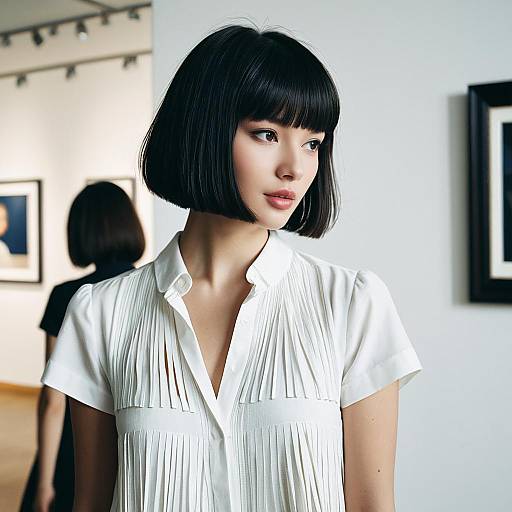 Woman with Short Fringe Hairstyle in Art Gallery