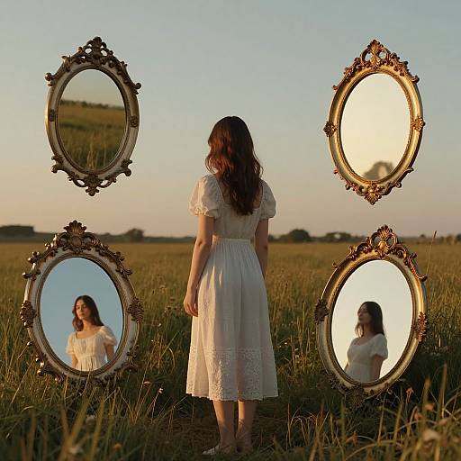Photograph of a woman in a white dress standing in a grassy field, facing four ornate, vintage mirrors reflecting her image.