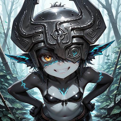 Grinning Helmeted Girl with Yellow Sclera