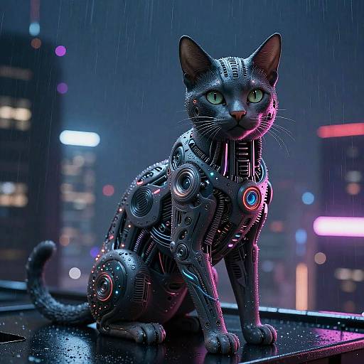 Cybernetic cat with glowing green eyes sits on a rainy city rooftop, illuminated by neon lights and raindrops. Digital artwork.