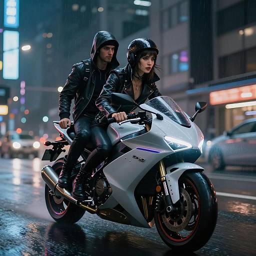 Cyberpunk Duo Riding Sleek Motorcycle in Rainy Neon City