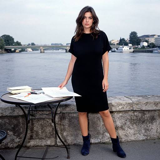 Photograph of a woman with wavy brown hair, wearing a black short-sleeve knee-length dress and black ankle boots, standing by a round