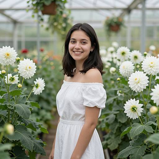 Photograph of a smiling young woman with dark hair, wearing an off-shoulder white dress, standing among blooming white dahlias in a greenhouse