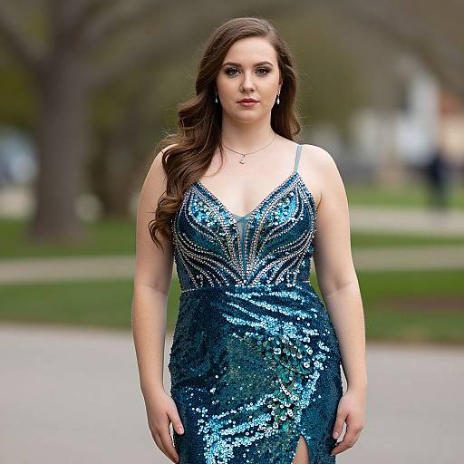 Photograph of a fair-skinned woman with long brown hair in a shimmering blue sequin dress, standing outdoors with blurred park background.