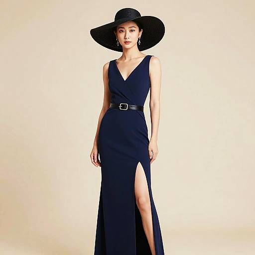 Photograph of an elegant Asian woman in a black V-neck gown with a high slit, black wide-brimmed hat, and belt, standing against