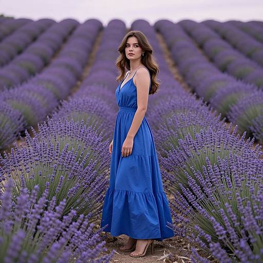 Photograph of a woman with wavy brown hair in a blue sleeveless dress standing in a lavender field with rows of purple lavender plants extending into the