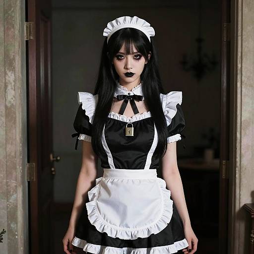 Gothic-style photograph of a pale woman with long black hair, dark lipstick, and black-and-white maid outfit, standing in a dimly lit