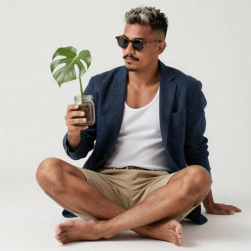 Man Holding Potted Monstera Plant Sitting Cross-legged