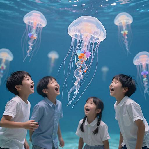 Photograph of three laughing Asian children in white and blue shirts, underwater, surrounded by glowing, colorful jellyfish.