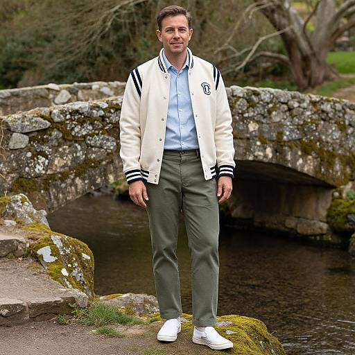 Photograph of a man with short brown hair, wearing a white varsity jacket, light blue shirt, green pants, and white sneakers, standing in