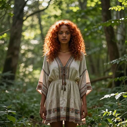 Photograph of a red-haired woman with curly hair, wearing a white, embroidered, bohemian-style dress, standing in a sunlit forest.