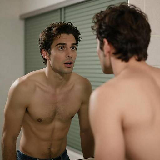 Shirtless Man Surprised in Mirror