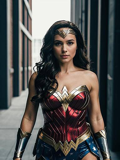 Photograph of Gal Gadot as Wonder Woman, standing in a narrow urban alley, wearing her iconic red, gold, and blue costume.