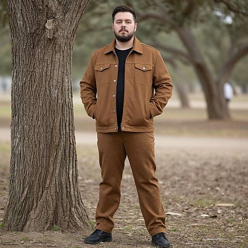 Photograph of a bearded man with short black hair standing confidently in front of a tree, wearing a brown jacket and pants, black shirt, and