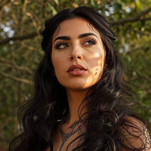 Photograph of a dark-haired woman with intricate facial tattoos, nose ring, and long wavy hair, gazing upward in sunlight, surrounded by blurred