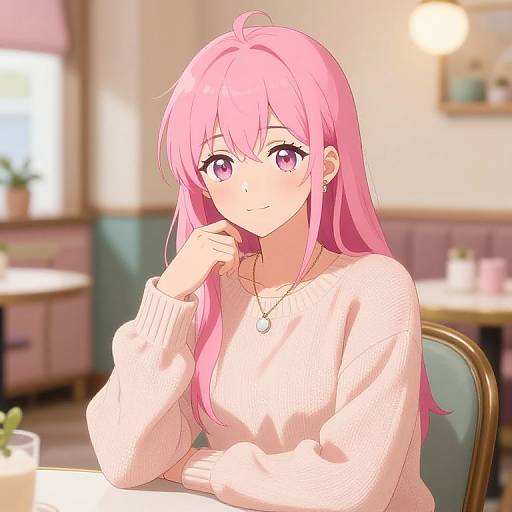 Digital anime-style drawing of a cute girl with long pink hair, pink eyes, wearing a white sweater and necklace, sitting in a softly lit café.