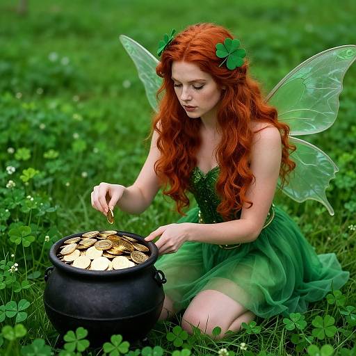 Digital art of a fairytale-style red-haired fairy with green dress and wings, picking gold clovers from a black cauldron in lush green