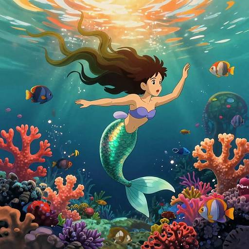 Digital illustration of a green-scaled mermaid with long black hair, purple seashell top, swimming in vibrant, colorful underwater coral reef with sunlight
