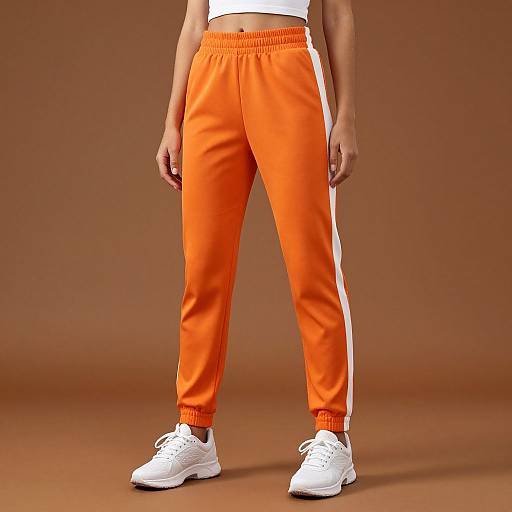 Photograph of a person wearing bright orange track pants with white stripes, white sneakers, and a white top, standing on a brown background.