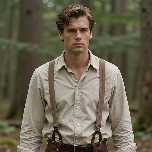 Young Man in Beige Shirt and Suspenders in Forest