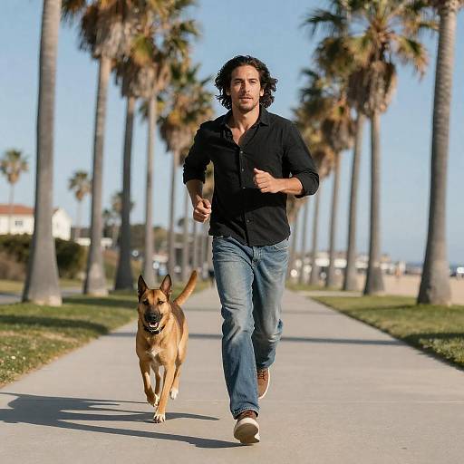 Man Running with Dog on Beach