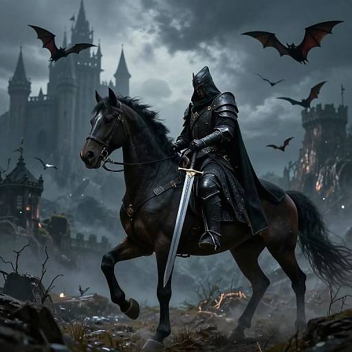 Dark Armored Rider in Mystical Landscape