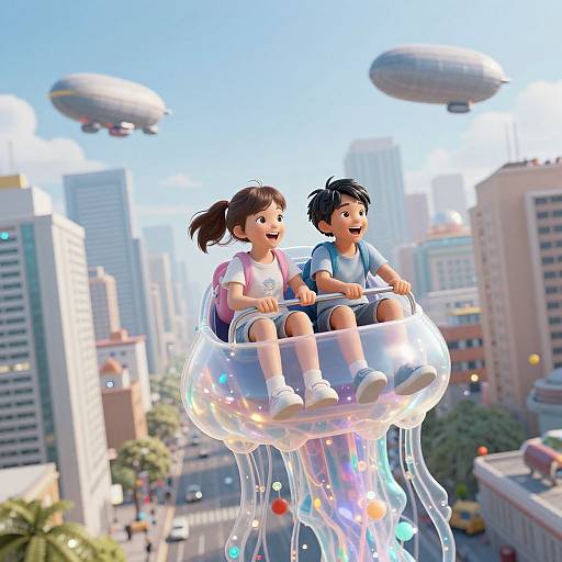 Digital CGI image of a brown-haired girl and black-haired boy riding a transparent jellyfish-like vehicle above a futuristic city with flying blimps.