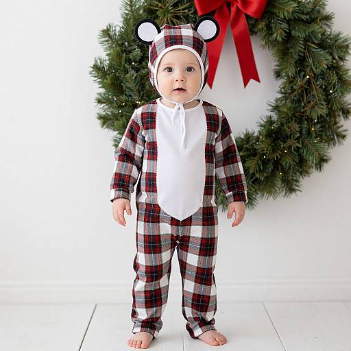 Photograph of a baby in black-and-white plaid pajamas with mouse ears, standing in front of a Christmas wreath with a red bow.