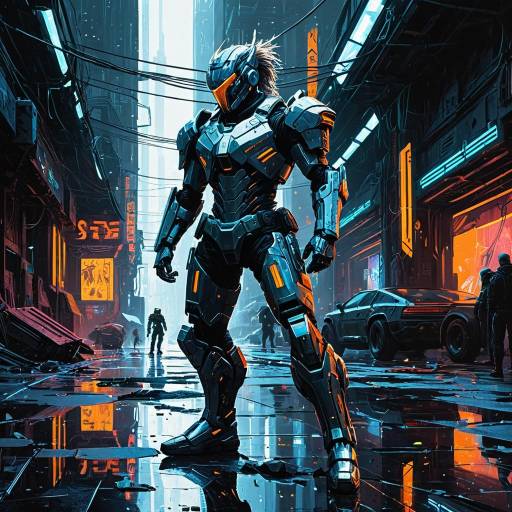 Male Android Warrior in Cyberpunk Marketplace