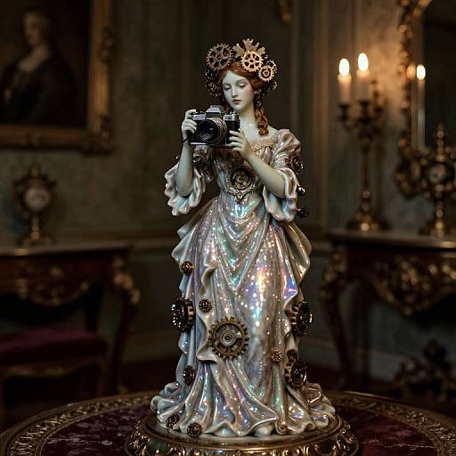Photograph of a Victorian-style porcelain statue with a metallic dress, holding a camera, adorned with gears, in a dimly lit, ornate room