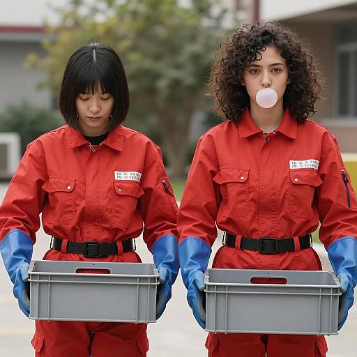Dynamic Duo in Colorful Jumpsuits