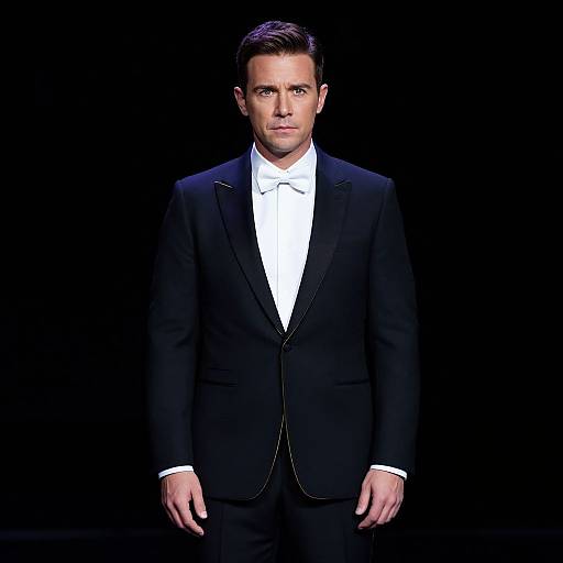 Photograph of a handsome man with short dark hair in a black tuxedo, white dress shirt, and bow tie, standing against a black background