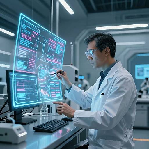Photograph of a male scientist in a white lab coat, wearing glasses, working on a futuristic, neon-lit control panel in a high-tech laboratory