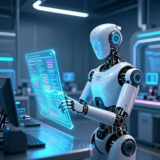 Digital CGI image of a glowing blue, white and black humanoid robot typing on a holographic computer screen in a futuristic, neon-lit laboratory.