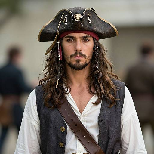 Photograph of a handsome, long-haired man with a beard, wearing a black pirate hat, white shirt, and black vest, with a brown strap