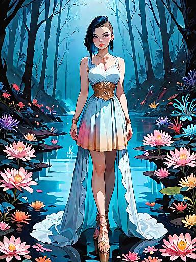 Dark Fantasy Woman in Asymmetrical Dress in Mystical Forest